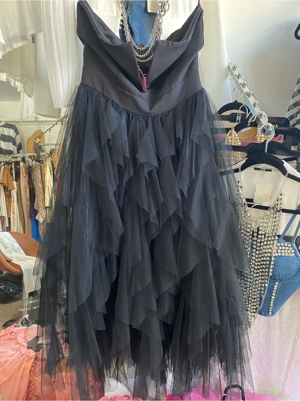 Black Strapless Ruffle Tulle Cocktail Dress